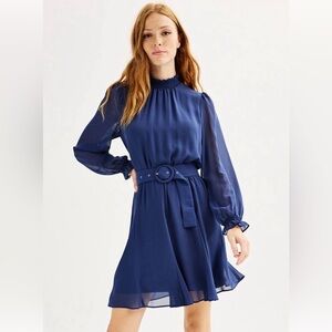 Nine West Navy Long-Sleeve Belted Dress